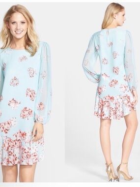 BCBGMaxAzria Sky Blue Floral Ruffle Hem Dress